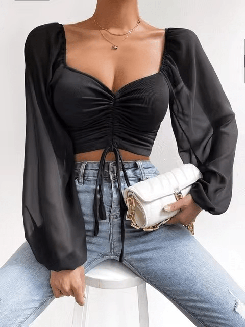 Chic Lace - Up Puff Sleeve Top - WellnessWays Fitness and Wellbeing