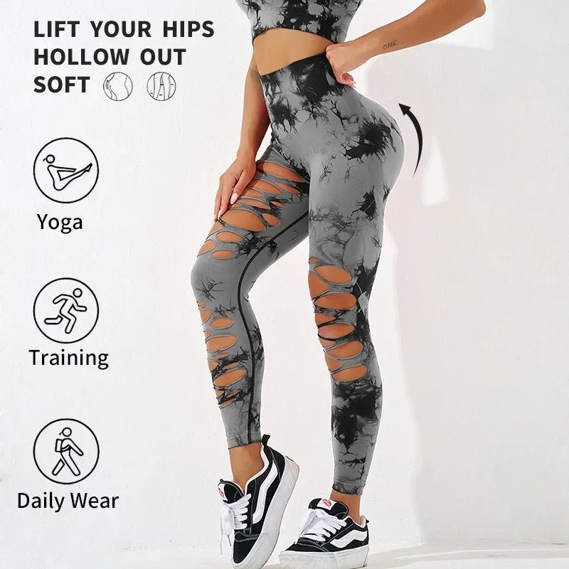 High Waist Tie Dye Hollow Out Yoga Leggings - WellnessWays Fitness and Wellbeing