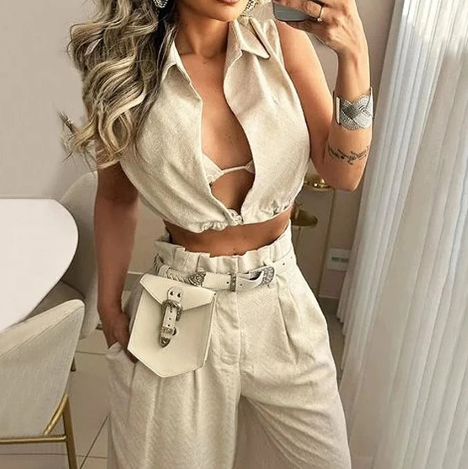 Chic Women's Lapel Pants Set