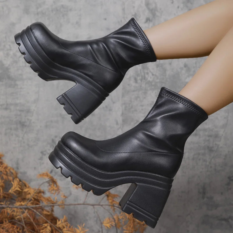 Leather High Heel Platform Boots