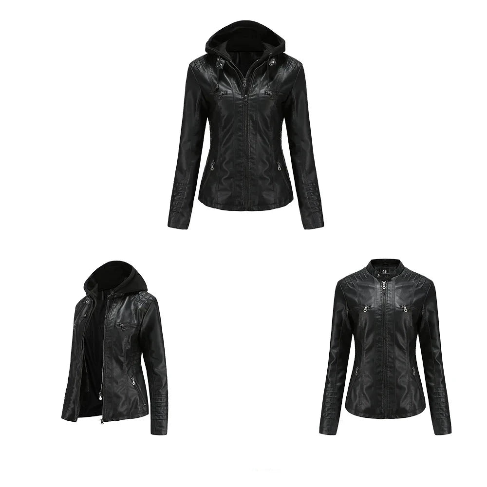 Plus Size Hooded Leather Jacket