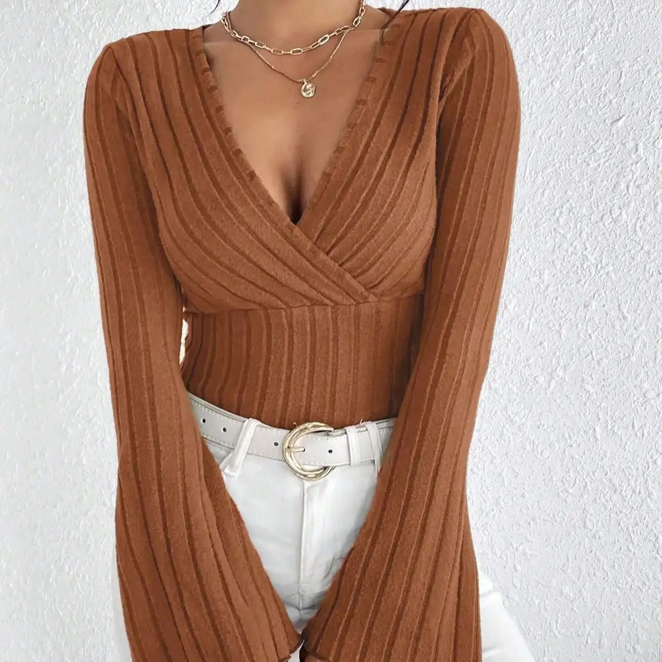 Sleek V-Neck Knitted Blouse