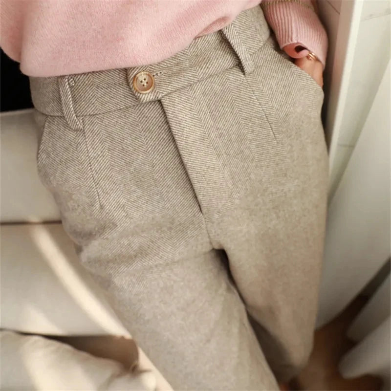 Women's High Waist Woolen Pants