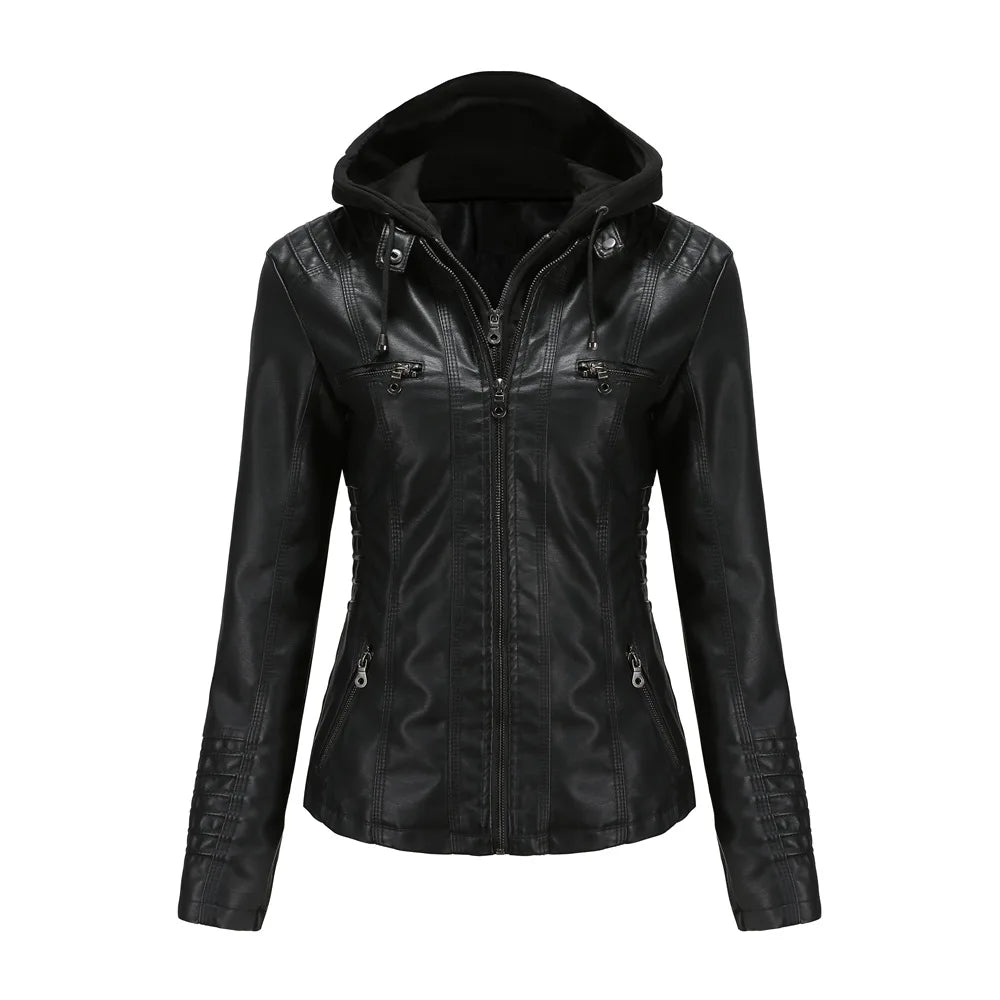 Plus Size Hooded Leather Jacket