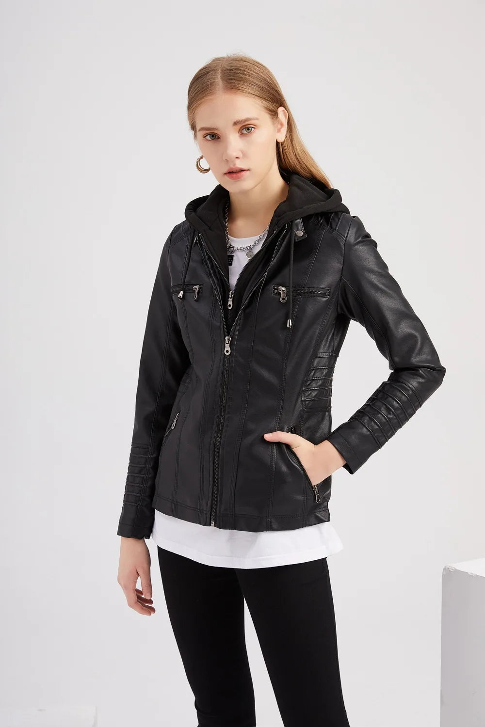 Plus Size Hooded Leather Jacket